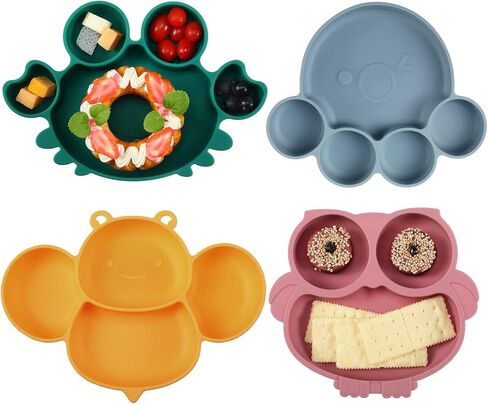Maxdot 4 Pcs Silicone Baby Plates Toddler Suction Plates Divided Baby Dishes Cute Animal Kids Plates for Toddlers Baby Feeding Eating Supplies, Microwave and Dishwasher Safe (Multi Colors,Cute) in Kuwait