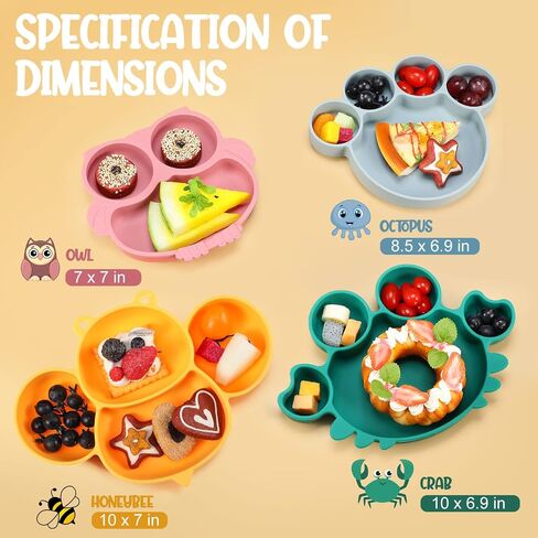 Maxdot 4 Pcs Silicone Baby Plates Toddler Suction Plates Divided Baby Dishes Cute Animal Kids Plates for Toddlers Baby Feeding Eating Supplies, Microwave and Dishwasher Safe (Multi Colors,Cute) in Kuwait