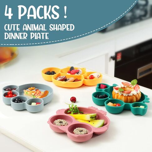 Maxdot 4 Pcs Silicone Baby Plates Toddler Suction Plates Divided Baby Dishes Cute Animal Kids Plates for Toddlers Baby Feeding Eating Supplies, Microwave and Dishwasher Safe (Multi Colors,Cute) in Kuwait