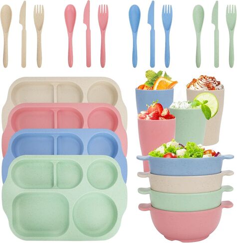 24 PCS Wheat Straw Dinnerware Set for Adult Kids Plates and Bowls Sets | Divided Kids Plates Bowls Cup Cutlery Sets, Reusable Children Tableware Set Microwave Dishwasher Safe for School Party Home in Kuwait