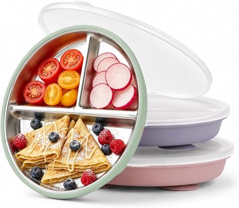 Bakpoco Stainless Steel Suction Kids Plates with Lids, DEEP 9" Divided Family Table Plate for 2Y-8Y+ Toddlers & Preschooler, Bigger Portions Transition, 3-Pack in Kuwait