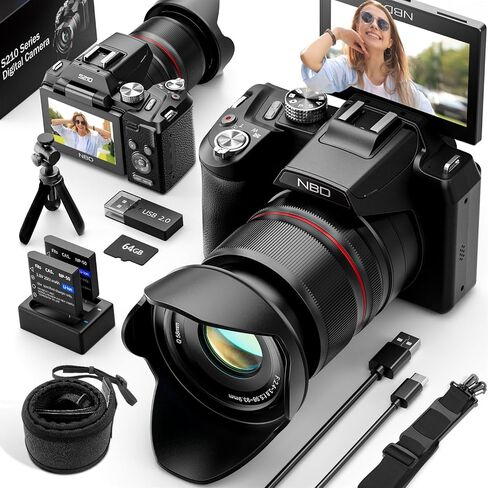 NBD 8K Digital Cameras for Photography,64MP Vlogging Cameras for YouTube,16X Optical Zoom Travel Point and Shoot Digital Cameras Fotograficas with 180°Flip Screen,2 Batteries,64GB Card (Black) in Kuwait