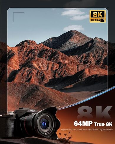 NBD 8K Digital Cameras for Photography,64MP Vlogging Cameras for YouTube,16X Optical Zoom Travel Point and Shoot Digital Cameras Fotograficas with 180°Flip Screen,2 Batteries,64GB Card (Black) in Kuwait