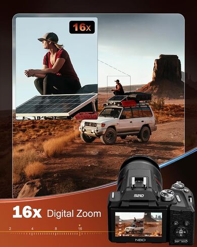 NBD 8K Digital Cameras for Photography,64MP Vlogging Cameras for YouTube,16X Optical Zoom Travel Point and Shoot Digital Cameras Fotograficas with 180°Flip Screen,2 Batteries,64GB Card (Black) in Kuwait
