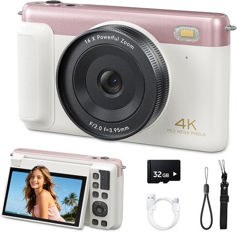 Digital Camera for Teens, 2026 Latest 4K 75MP Autofocus WiFi Vlogging Camera with 3''180° Flip Screen, 16X Zoom, 32GB TF Card, Portable Compact Cameras for Kids Teens Beginner (White) in Kuwait
