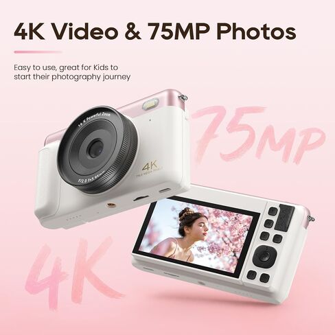 Digital Camera for Teens, 2026 Latest 4K 75MP Autofocus WiFi Vlogging Camera with 3''180° Flip Screen, 16X Zoom, 32GB TF Card, Portable Compact Cameras for Kids Teens Beginner (White) in Kuwait