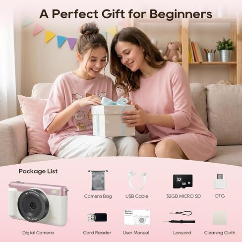 Digital Camera for Teens, 2026 Latest 4K 75MP Autofocus WiFi Vlogging Camera with 3''180° Flip Screen, 16X Zoom, 32GB TF Card, Portable Compact Cameras for Kids Teens Beginner (White) in Kuwait