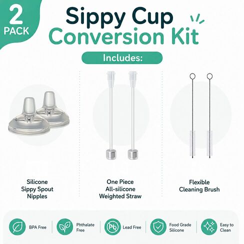 Sippy Cup Conversion Kit for for Tommee Tippee 9 oz Baby Bottles, 2-Pack | Food Grade Silicone Spout Nipples and Weighted Straw, Cleaning Brush, BPA-Free CPSC Certified, 4+ Months Sippy Cup Transition in Kuwait