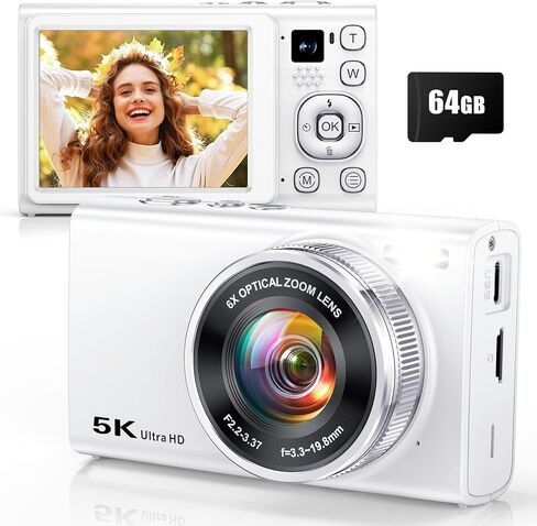 5K 96MP Digital Camera for Photography, 6X Optical Zoom Point Shoot Camera | Autofocus Vlogging Camera for YouTube, 64GB Card, Selfie Lens, Flash, Anti-Shake, Compact Small Travel Cameras for Beginner in Kuwait