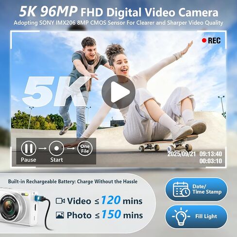 5K 96MP Digital Camera for Photography, 6X Optical Zoom Point Shoot Camera | Autofocus Vlogging Camera for YouTube, 64GB Card, Selfie Lens, Flash, Anti-Shake, Compact Small Travel Cameras for Beginner in Kuwait