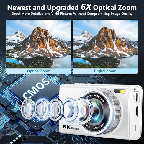 5K 96MP Digital Camera for Photography, 6X Optical Zoom Point Shoot Camera | Autofocus Vlogging Camera for YouTube, 64GB Card, Selfie Lens, Flash, Anti-Shake, Compact Small Travel Cameras for Beginner in Kuwait