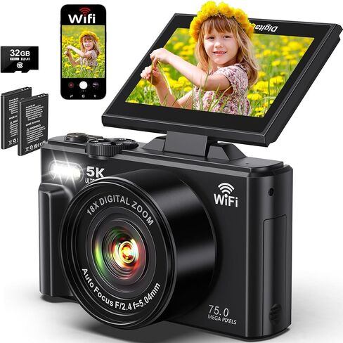 5K Digital Cameras for Photography 75MP WiFi Autofocus UHD Vlogging Camera | 5K Video 75MP Photos, WiFi Autofocus Vlogging Camera for YouTube, Compact 3" 180° Flip Screen, 18X Zoom, 32GB Card, Batteries in Kuwait