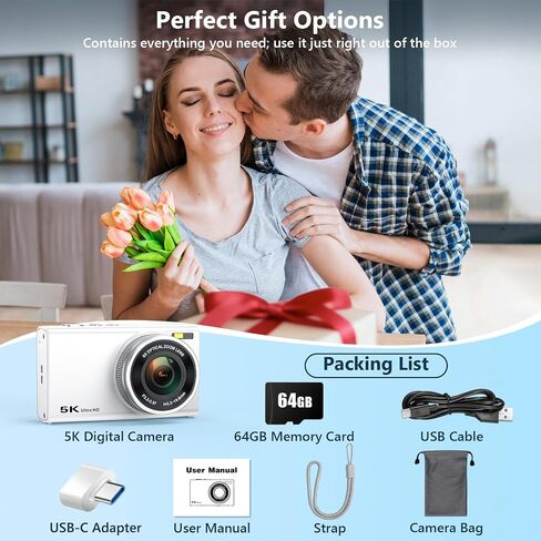 5K 96MP Digital Camera for Photography, 6X Optical Zoom Point Shoot Camera | Autofocus Vlogging Camera for YouTube, 64GB Card, Selfie Lens, Flash, Anti-Shake, Compact Small Travel Cameras for Beginner in Kuwait