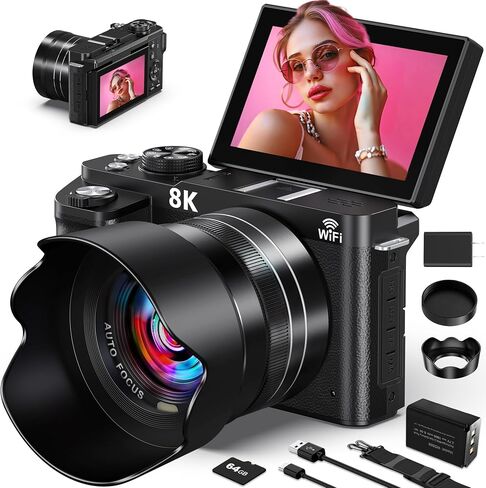 8K Digital Camera - WiFi Cameras for Photography 88MP - Autofocus Vlogging Camera for YouTube - UHD Video Camara for Beginner Photographer with 3" 180° Flip Screen, 18X Zoom, Lens Hood, Memory Card in Kuwait