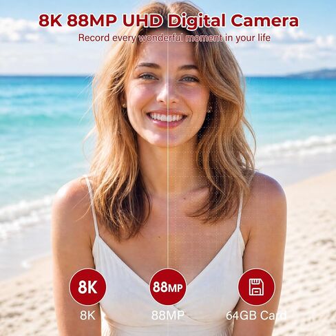 8K Digital Camera - WiFi Cameras for Photography 88MP - Autofocus Vlogging Camera for YouTube - UHD Video Camara for Beginner Photographer with 3" 180° Flip Screen, 18X Zoom, Lens Hood, Memory Card in Kuwait