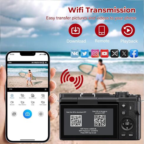 8K Digital Camera - WiFi Cameras for Photography 88MP - Autofocus Vlogging Camera for YouTube - UHD Video Camara for Beginner Photographer with 3" 180° Flip Screen, 18X Zoom, Lens Hood, Memory Card in Kuwait