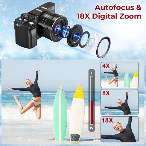 8K Digital Camera - WiFi Cameras for Photography 88MP - Autofocus Vlogging Camera for YouTube - UHD Video Camara for Beginner Photographer with 3" 180° Flip Screen, 18X Zoom, Lens Hood, Memory Card in Kuwait