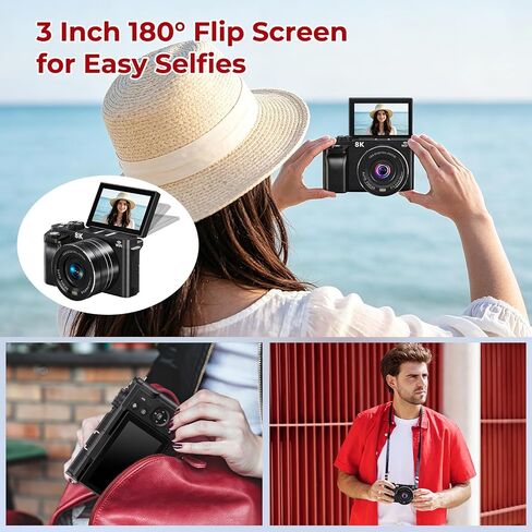 8K Digital Camera - WiFi Cameras for Photography 88MP - Autofocus Vlogging Camera for YouTube - UHD Video Camara for Beginner Photographer with 3" 180° Flip Screen, 18X Zoom, Lens Hood, Memory Card in Kuwait