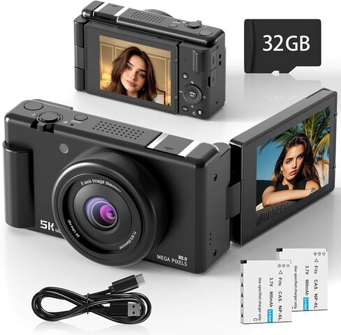 5K Digital Camera for Photography, 3" 270° Flip Screen Vlogging Camera for YouTube, 80MP Autofocus with 18X Digital Zoom, Compact Travel Camera for Beginners，2 Batteries, 32GB Card & Flash, Black in Kuwait