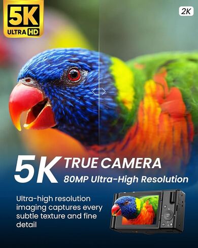 5K Digital Camera for Photography, 3" 270° Flip Screen Vlogging Camera for YouTube, 80MP Autofocus with 18X Digital Zoom, Compact Travel Camera for Beginners，2 Batteries, 32GB Card & Flash, Black in Kuwait