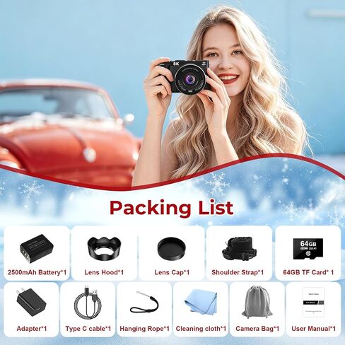 8K Digital Camera - WiFi Cameras for Photography 88MP - Autofocus Vlogging Camera for YouTube - UHD Video Camara for Beginner Photographer with 3" 180° Flip Screen, 18X Zoom, Lens Hood, Memory Card in Kuwait