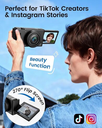 5K Digital Camera for Photography, 3" 270° Flip Screen Vlogging Camera for YouTube, 80MP Autofocus with 18X Digital Zoom, Compact Travel Camera for Beginners，2 Batteries, 32GB Card & Flash, Black in Kuwait