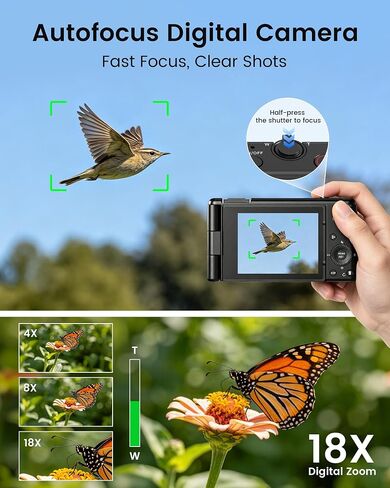 5K Digital Camera for Photography, 3" 270° Flip Screen Vlogging Camera for YouTube, 80MP Autofocus with 18X Digital Zoom, Compact Travel Camera for Beginners，2 Batteries, 32GB Card & Flash, Black in Kuwait