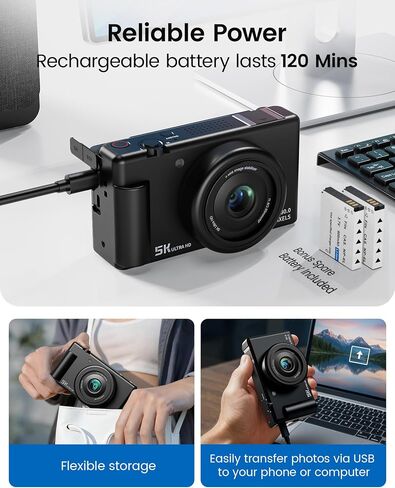 5K Digital Camera for Photography, 3" 270° Flip Screen Vlogging Camera for YouTube, 80MP Autofocus with 18X Digital Zoom, Compact Travel Camera for Beginners，2 Batteries, 32GB Card & Flash, Black in Kuwait