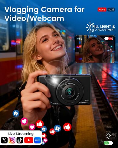 5K Digital Camera for Photography, 3" 270° Flip Screen Vlogging Camera for YouTube, 80MP Autofocus with 18X Digital Zoom, Compact Travel Camera for Beginners，2 Batteries, 32GB Card & Flash, Black in Kuwait