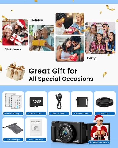 5K Digital Camera for Photography, 3" 270° Flip Screen Vlogging Camera for YouTube, 80MP Autofocus with 18X Digital Zoom, Compact Travel Camera for Beginners，2 Batteries, 32GB Card & Flash, Black in Kuwait