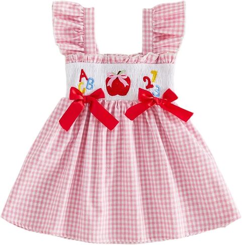 Toddler Baby Girl Back to School Dress Ruffle Sleeveless Smocked Dress Plaid Summer Dress First Day of School Outfit in Kuwait