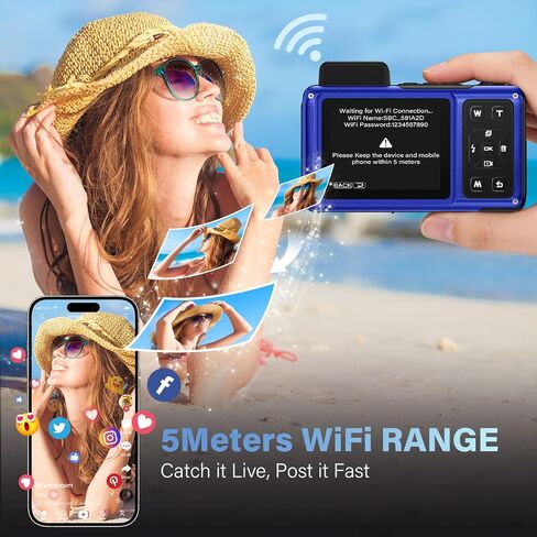 Maxmango V08 Pro 49FT Underwater Camera - 8K 90MP WiFi Waterproof Digital Camera with Touchscreen, Dustproof Shockproof Rugged Camera for Snorkeling, 64GB Point and Shoot Digital Digital Cam - Blue in Kuwait