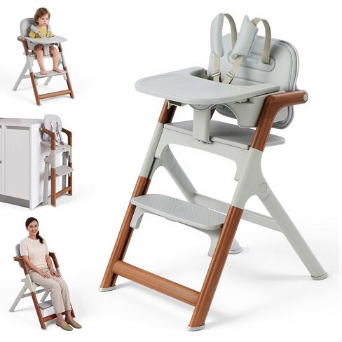 SYNCFUN Convertible Baby High Chair, Foldable High Chairs for Babies and Toddlers, Adjustable Feeding Chair with Removable Tray Easy Clean Wipeable Seat, 6 Months to 300 Lb, Wood Grain Frame in Kuwait