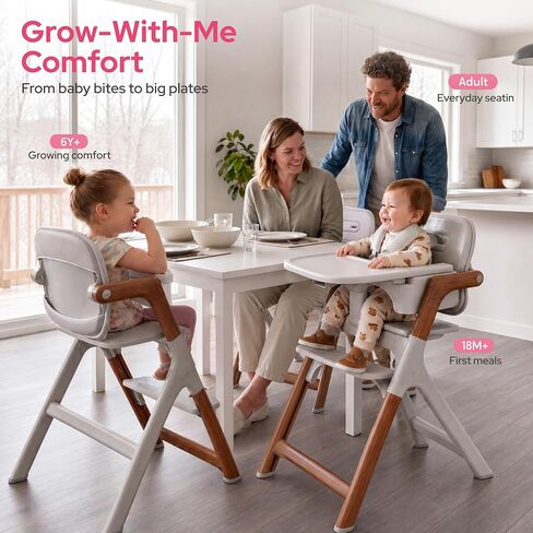 SYNCFUN Convertible Baby High Chair, Foldable High Chairs for Babies and Toddlers, Adjustable Feeding Chair with Removable Tray Easy Clean Wipeable Seat, 6 Months to 300 Lb, Wood Grain Frame in Kuwait