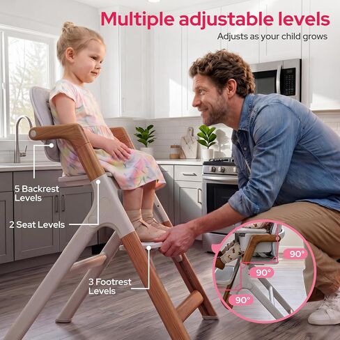 SYNCFUN Convertible Baby High Chair, Foldable High Chairs for Babies and Toddlers, Adjustable Feeding Chair with Removable Tray Easy Clean Wipeable Seat, 6 Months to 300 Lb, Wood Grain Frame in Kuwait