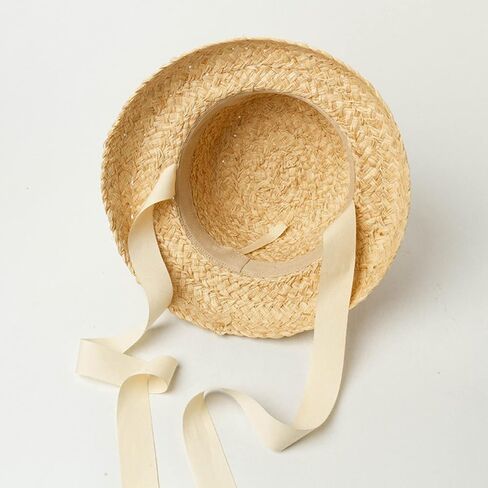 Girls Straw Sun Hat, Flat Top, Wide Brim, Lace-up Strap, Breathable, Size 3-9Y, Perfect for Toddlers & Girls, Casual Wear, Outdoor Play, Vacations, Beach, Grass Material in Kuwait