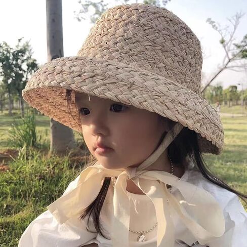 Girls Straw Sun Hat, Flat Top, Wide Brim, Lace-up Strap, Breathable, Size 3-9Y, Perfect for Toddlers & Girls, Casual Wear, Outdoor Play, Vacations, Beach, Grass Material in Kuwait