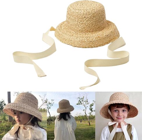 Straw Hat for Girls Sun Protective Flat Top Hat with Lace-up Strap Breathable Wide Brim Sun Toddler Girl Panama Hat Grass in Kuwait