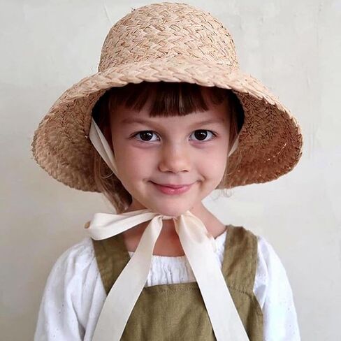 Straw Hat for Girls Sun Protective Flat Top Hat with Lace-up Strap Breathable Wide Brim Sun Toddler Girl Panama Hat Grass in Kuwait