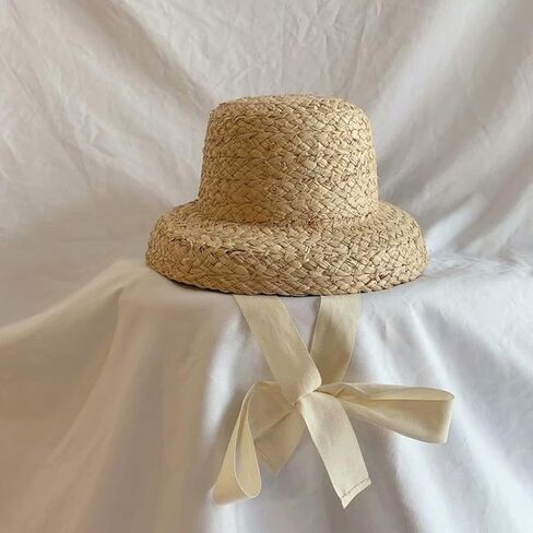 Straw Hat for Girls Sun Protective Flat Top Hat with Lace-up Strap Breathable Wide Brim Sun Toddler Girl Panama Hat Grass in Kuwait