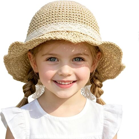 Zando Toddler Girl Straw Sun Hat with Lace Bow, Wide Brim Baby Beach Hat, Adjustable Sun Hats for Outdoor Photo Vacation in Kuwait