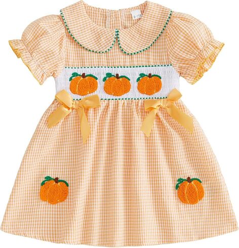 Girls Back to School Letter Embroidery A-Line Dress Summer Clothes | Cotton Blend, Plaid Print, Crewneck, Puff Short Sleeve, Cute Bow Decor, Breathable, Suitable for Summer in Saudi Arabia