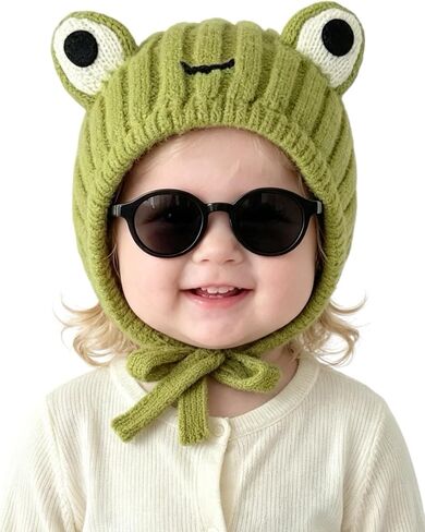 Baby Girl Boy Cute Frog Beanie Hat Big Eye Crochet Knitted Winter Cap with String for Kids in Kuwait