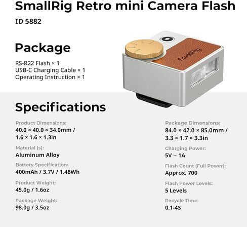 SmallRig RS-R20 Mini Camera Flash for Fuji X100 for Ricoh GR for Nikon for Sony, Alumium Manual Speedlite GN8-10, 5 Levels 1/1-1/16, 700 Full Power Flashes, 0.1-4s Recycle/6500K/400mAh Battery -5882 in Kuwait