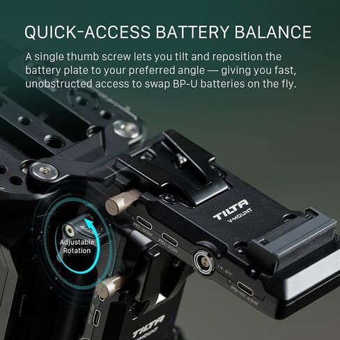 Tilta Foldable Battery Plate Compatible with Blackmagic Pyxis 6K/12K Camera Cage | V-Mount | Hot Swappable Swivel Design | 60W USB-C PD | Dual P-Tap | 2-Pin Output | 45W USB-C Input | Black in Kuwait