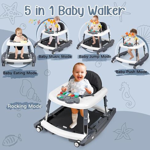 5-in-1 Music and Lights Foldable Baby Walker, Baby Walker with Wheels Portable with 5 Adjustable Heights, Infant Toddler Walker for Baby Boy Girls 6-18 Months（Grey） in Kuwait