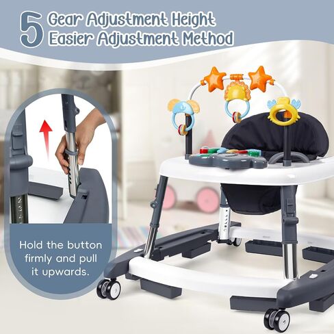 5-in-1 Music and Lights Foldable Baby Walker, Baby Walker with Wheels Portable with 5 Adjustable Heights, Infant Toddler Walker for Baby Boy Girls 6-18 Months（Grey） in Kuwait