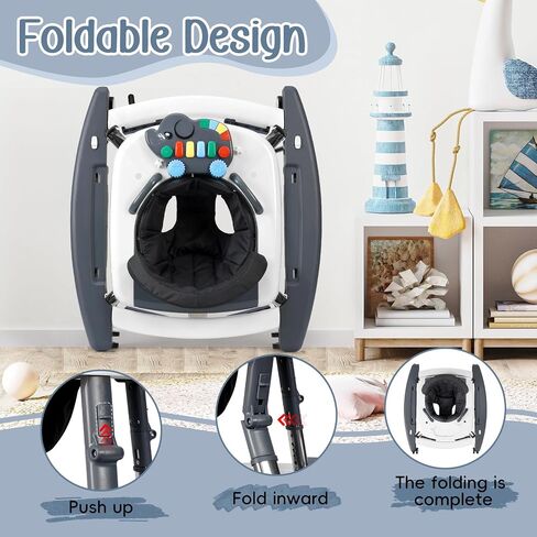 5-in-1 Music and Lights Foldable Baby Walker, Baby Walker with Wheels Portable with 5 Adjustable Heights, Infant Toddler Walker for Baby Boy Girls 6-18 Months（Grey） in Kuwait