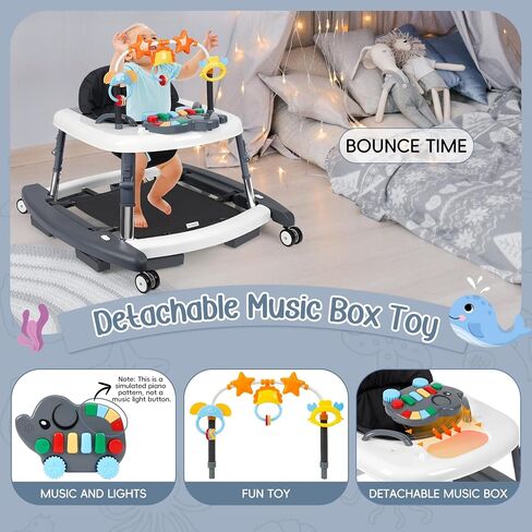 5-in-1 Music and Lights Foldable Baby Walker, Baby Walker with Wheels Portable with 5 Adjustable Heights, Infant Toddler Walker for Baby Boy Girls 6-18 Months（Grey） in Kuwait