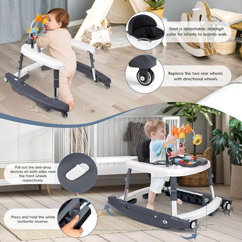 5-in-1 Music and Lights Foldable Baby Walker, Baby Walker with Wheels Portable with 5 Adjustable Heights, Infant Toddler Walker for Baby Boy Girls 6-18 Months（Grey） in Kuwait
